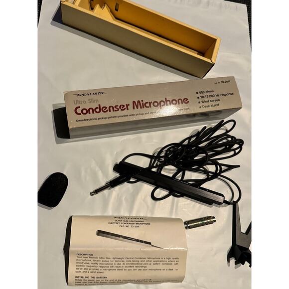Condenser Microphone Realistic Ultra Slim 33-2011 600 ohms Desk Stand Org Box - Picture 1 of 9